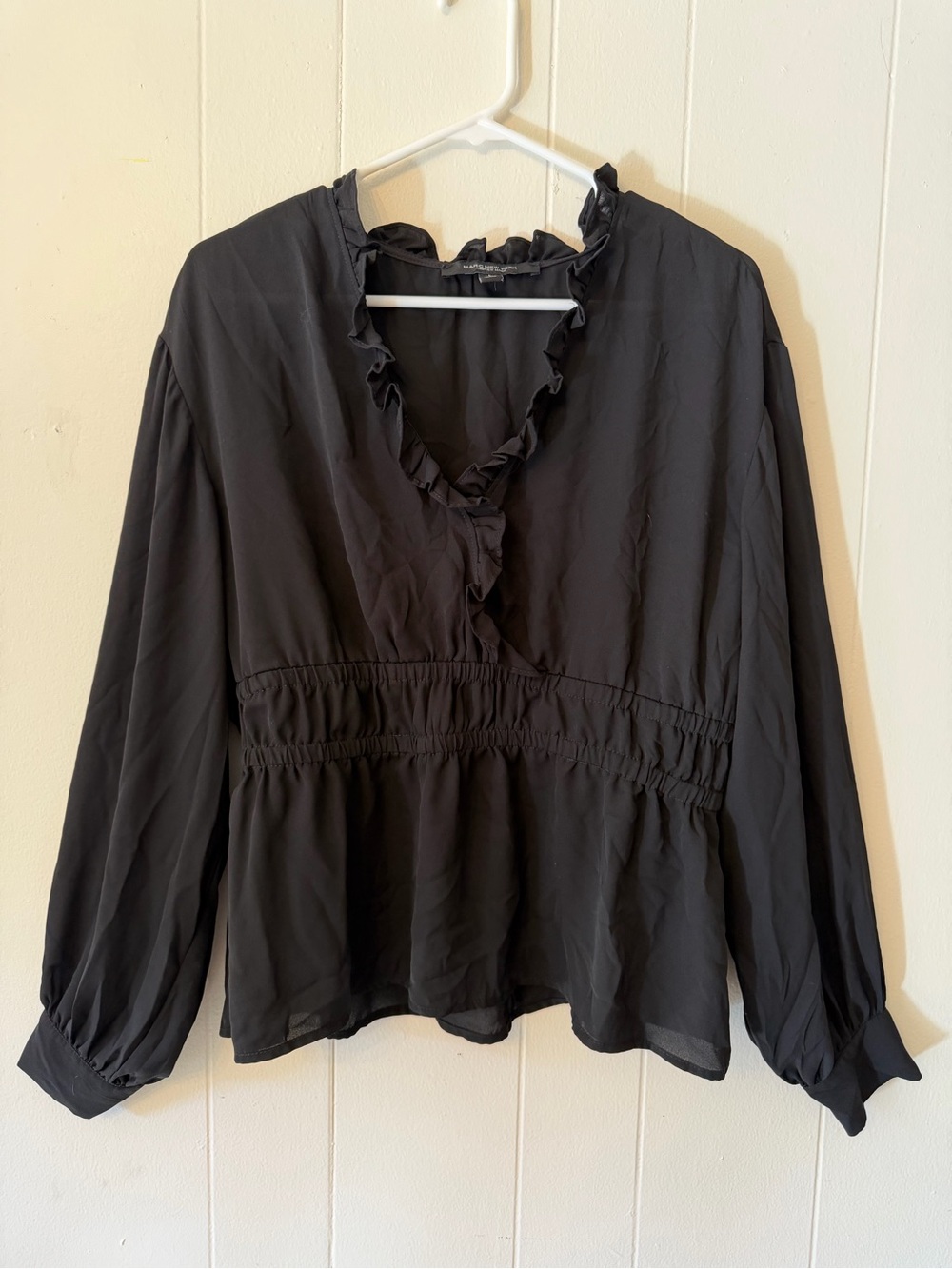 Marc New York Black Blouse Womens Large Ruffle V Neck Peplum Long Sleeve Top